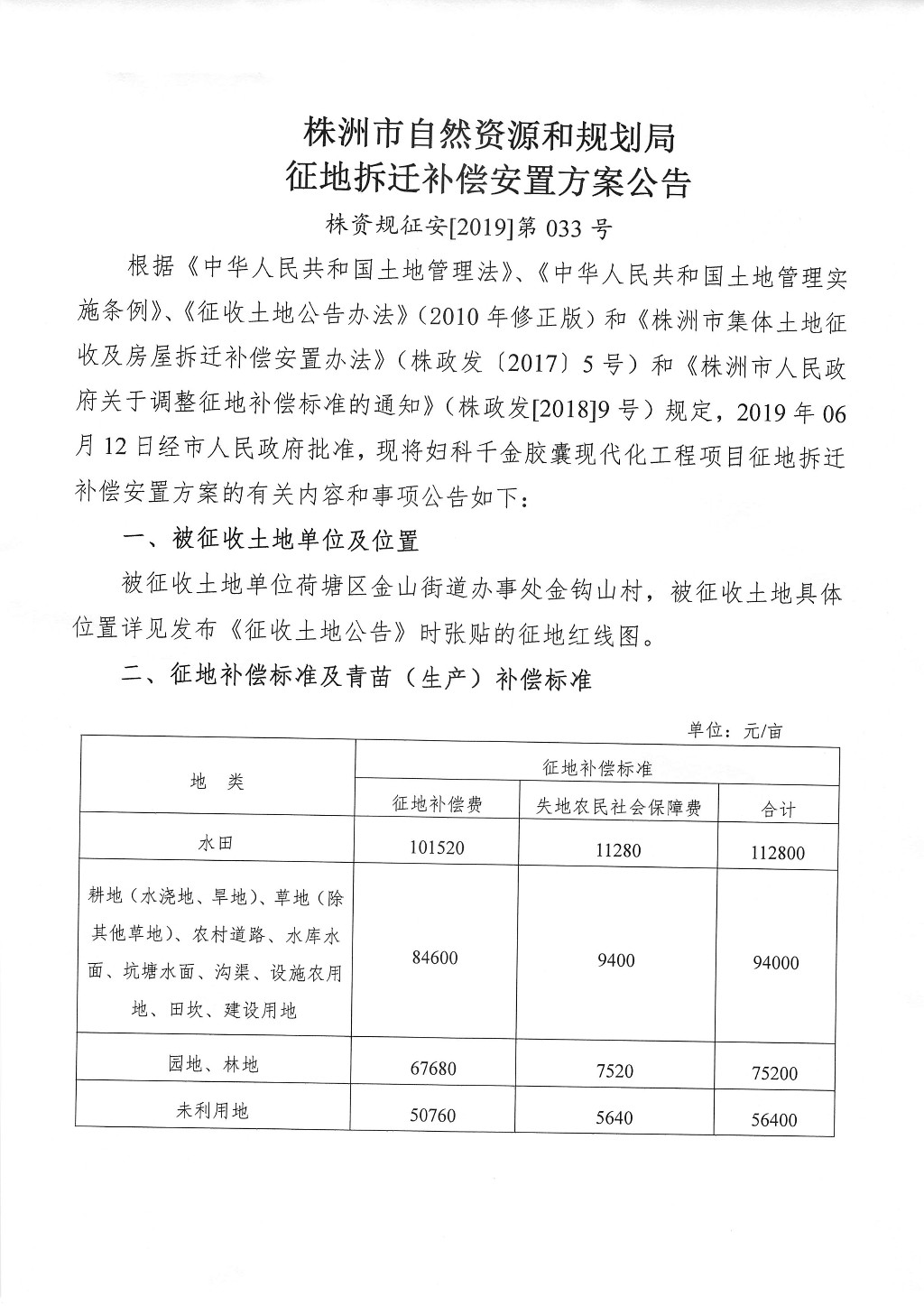 株洲市征地拆迁补偿安置方案--妇科千金胶囊现代化工程项目