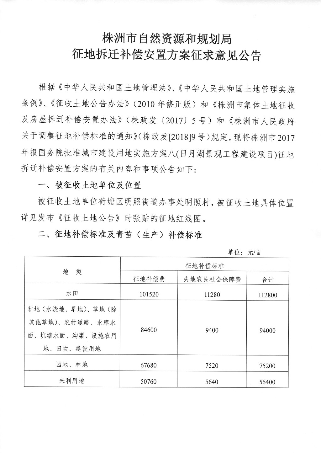 株洲市征地拆迁补偿安置方案征求意见公告--日月湖景观工程