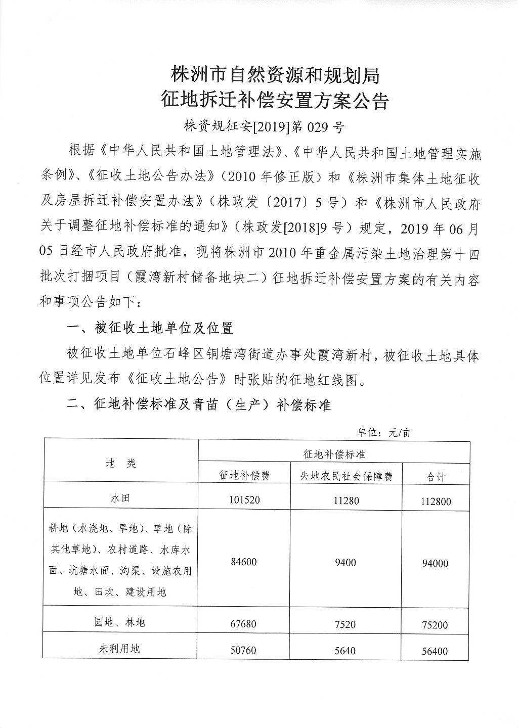 株洲市征地拆迁补偿安置方案公告--霞湾新村储备地块二