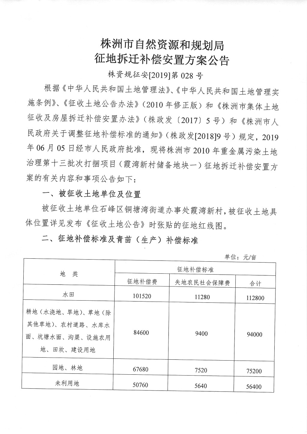 株洲市征地拆迁补偿安置方案公告--霞湾新村储备地块一