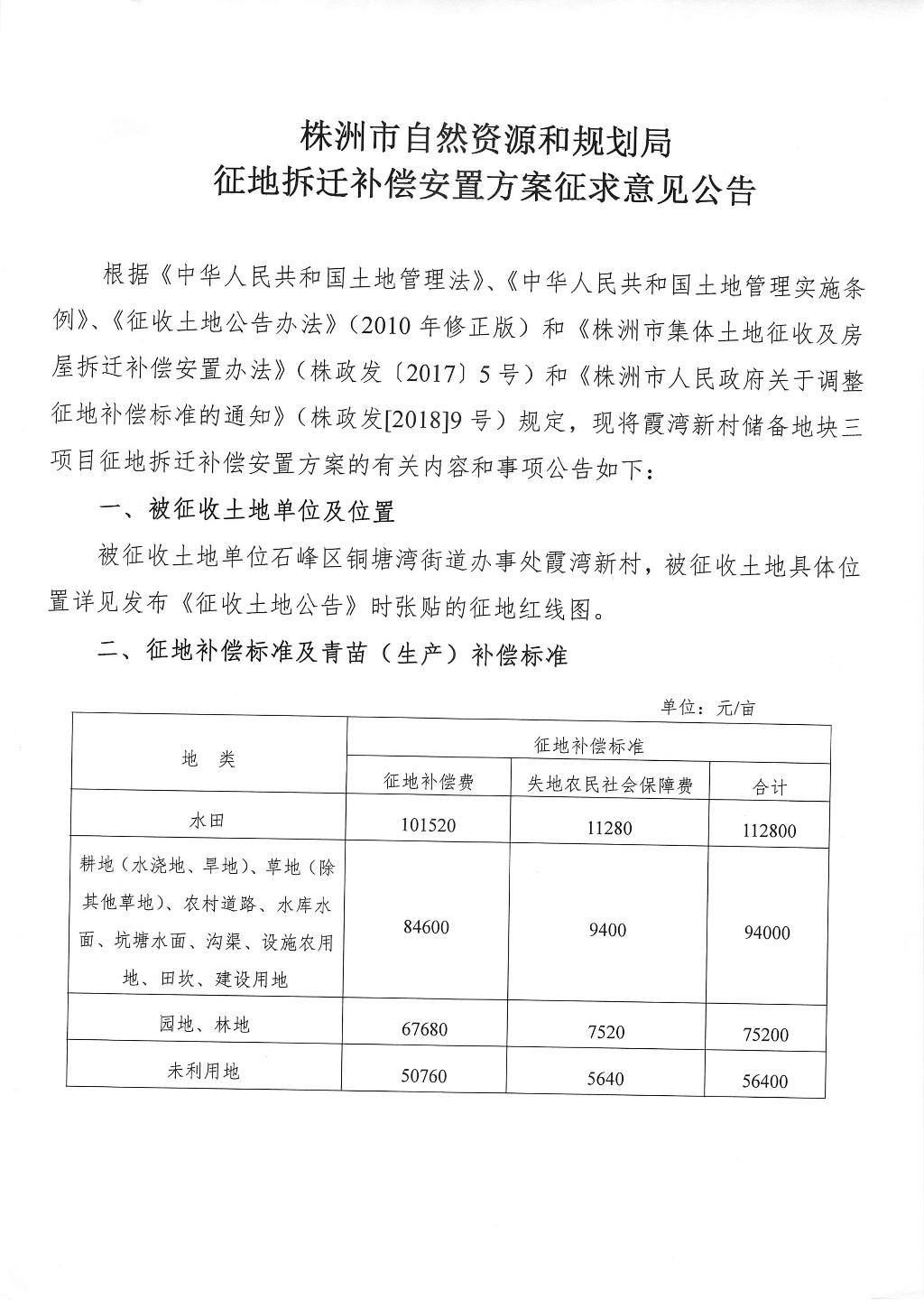 株洲市征地拆迁补偿安置方案征求意见公告--霞湾新村储备地块三项目
