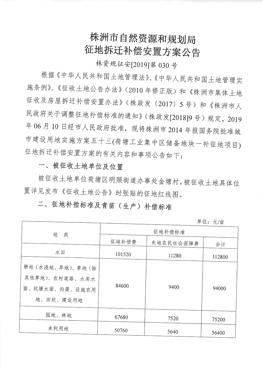 株洲市征地拆迁补偿安置方案公告--荷塘工业集中区储备地块一补征地项目