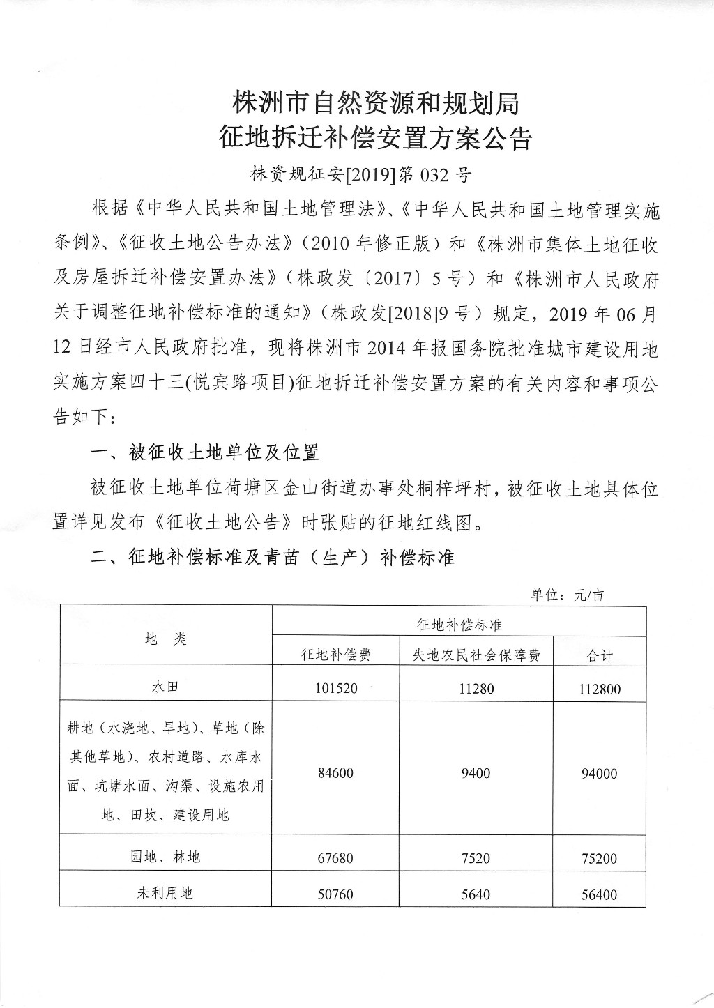株洲市征地拆迁补偿安置方案公告--悦宾路项目