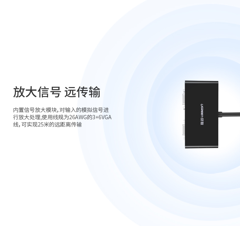 绿联40254-（2口）VGA分频器一进二出-分屏高清视频显示1分2线一进二出分频切换器