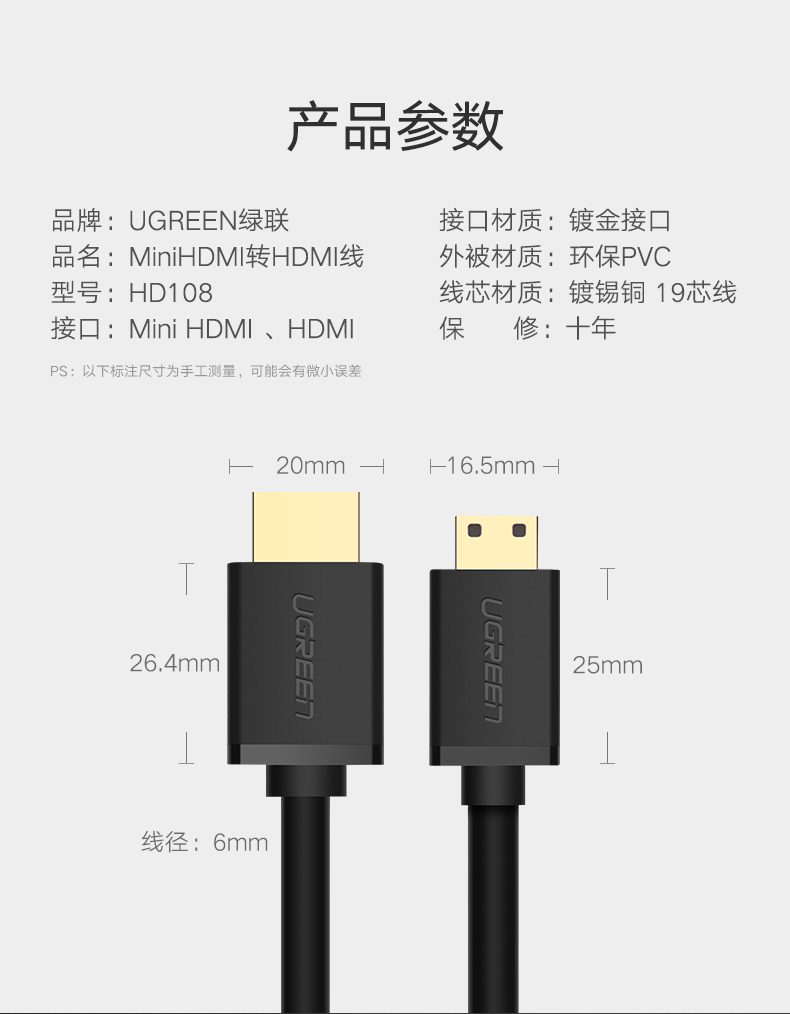 绿联10117-Mini HDMI转HDMI线  1.4版 2米