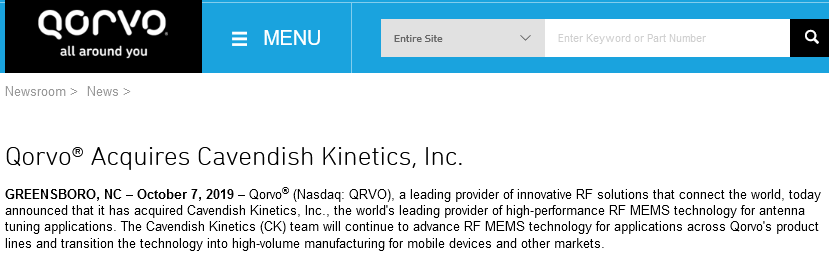 Qorvo在官网宣布,已收购高性能 RF MEMS 天线调谐应用技术供应商 Cavendish Kinetics公司…… Qorvo在官网宣布,已收购高性能 RF MEMS 天线调谐应用技术供应商 Cavendish Kinetics公司……