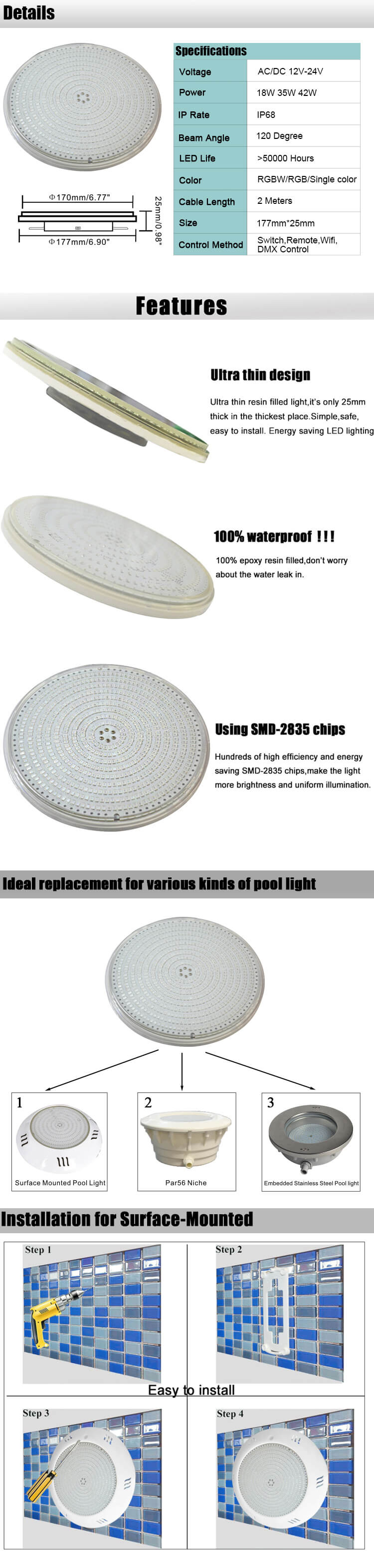 18W 24W 35W 42W RGB PAR56 Fully Resin Filled LED Swimming Pool Light