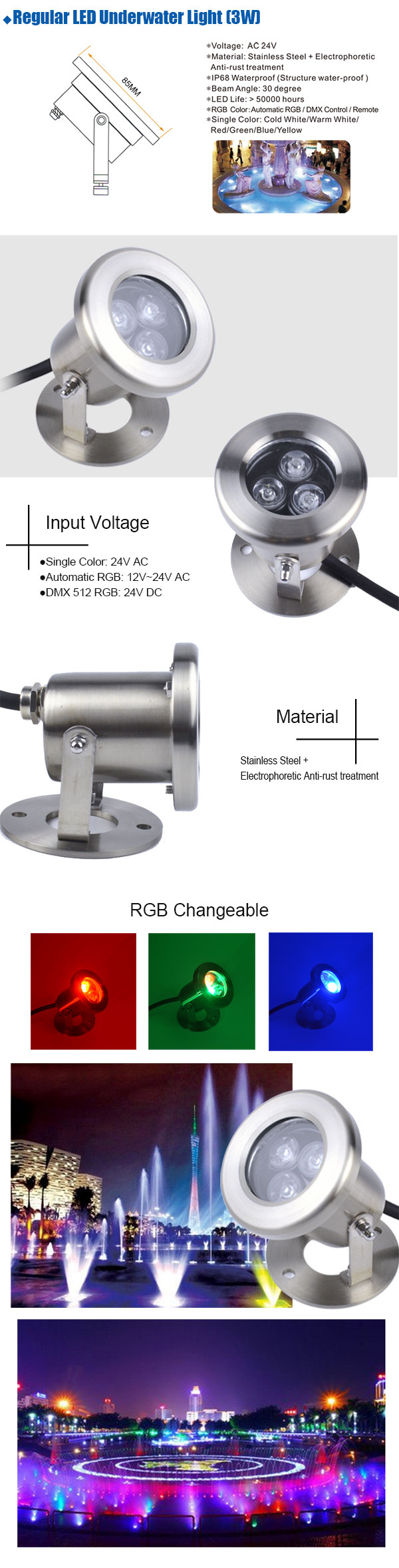 3W Stainless Steel High Power RGB led underwater light IP68