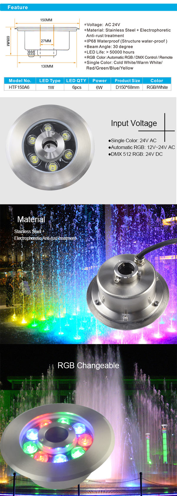 6W Stainless Steel High Power RGB led Fountain light IP68