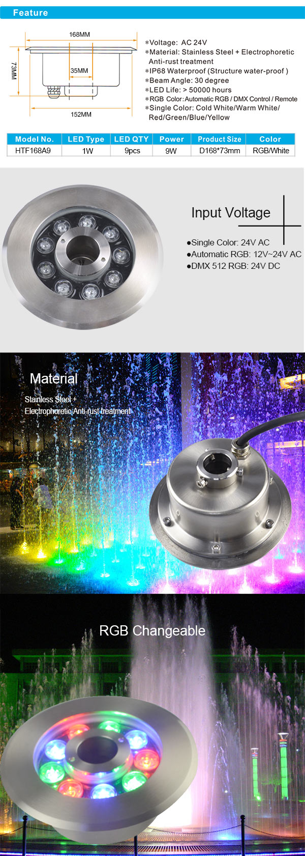 9W Stainless Steel High Power RGB led Fountain light IP68