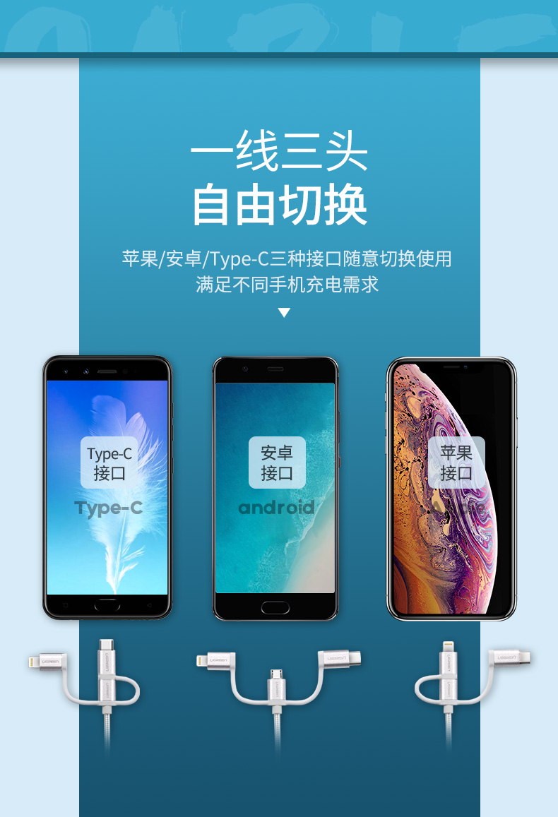 绿联50202-安卓乐视苹果三头数据线三合一（1米）