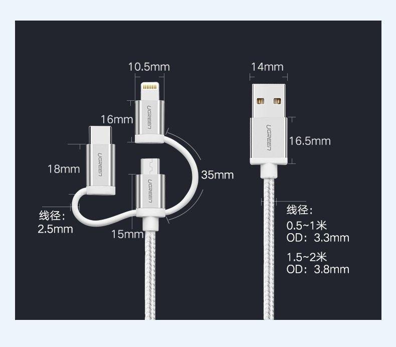 绿联50202-安卓乐视苹果三头数据线三合一（1米）