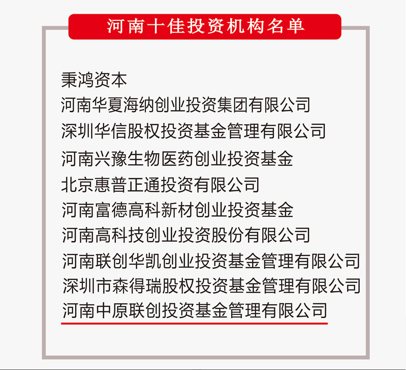 中原聯(lián)創(chuàng)榮膺“河南十佳投資機(jī)構(gòu)”稱號(hào) 中原聯(lián)創(chuàng)榮膺“河南十佳投資機(jī)構(gòu)”稱號(hào)