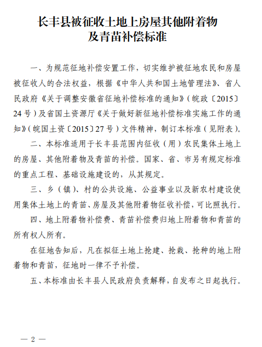 合肥市关于调整长丰县被征收土地上房屋其他附着物及青苗补偿标准的通知