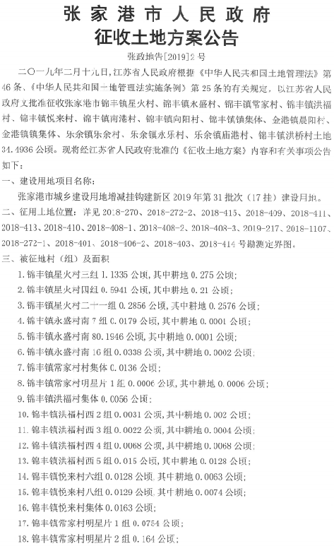 江苏：张家港市城乡建设用地增减挂钩建新区2019年第31批次征地公告