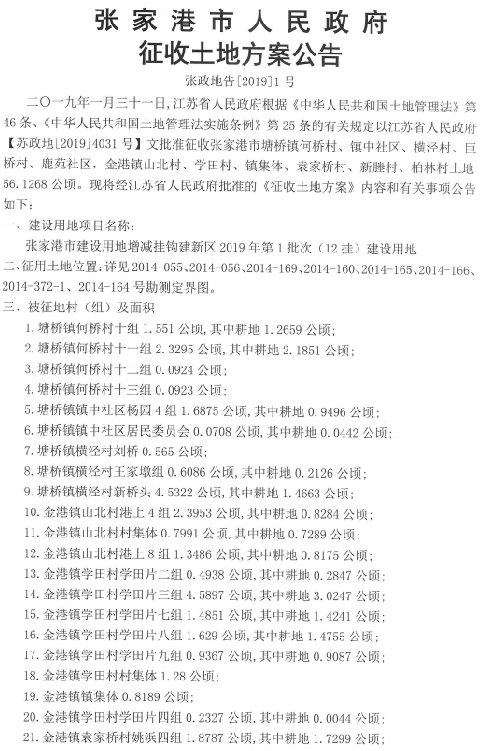 江苏:张家港市城乡建设用地增减挂钩建新区2019年第1批次征地公告 江苏:张家港市城乡建设用地增减挂钩建新区2019年第1批次征地公告