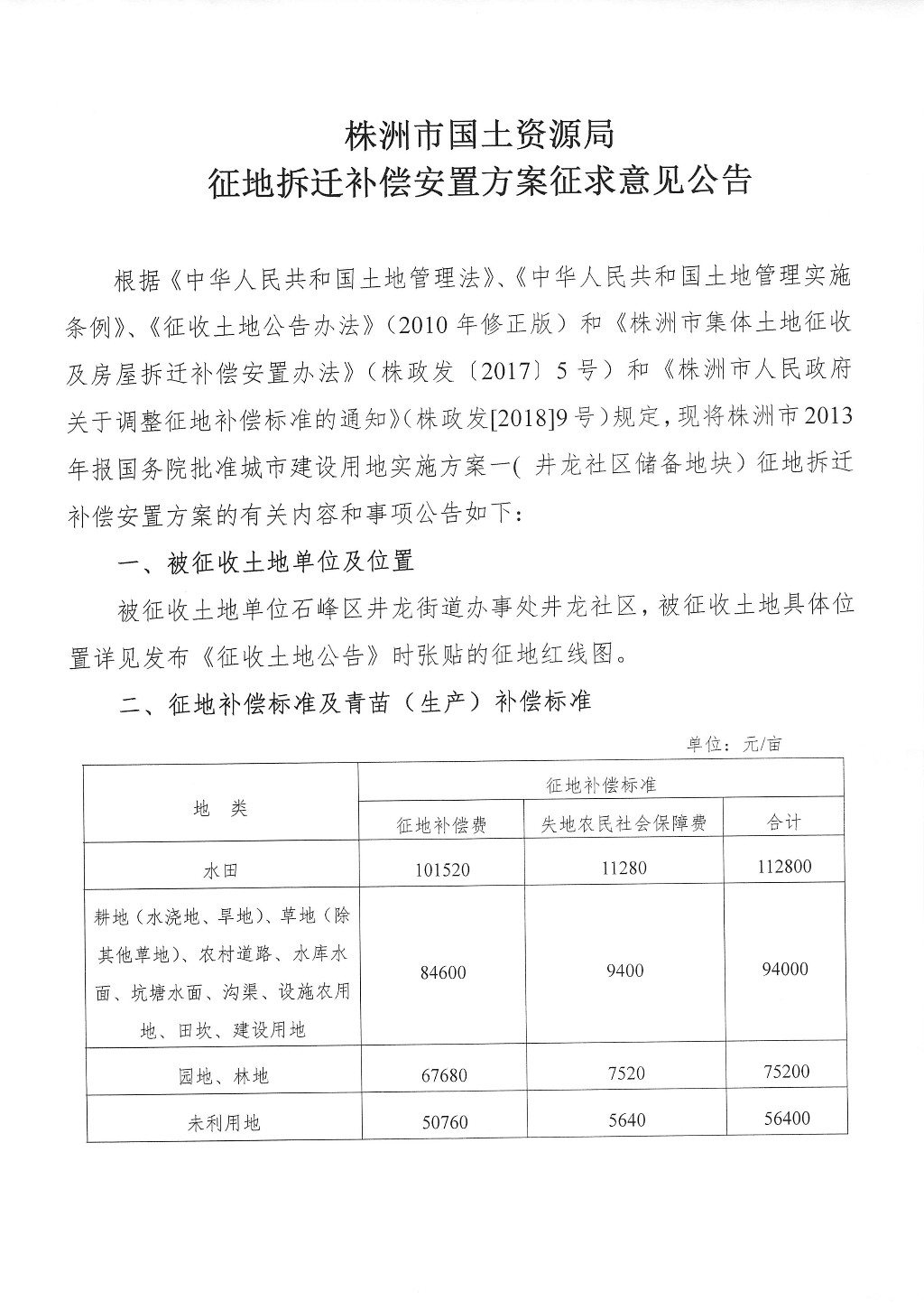 湖南：征地拆迁补偿安置方案征求意见公告--井龙社区储备地块
