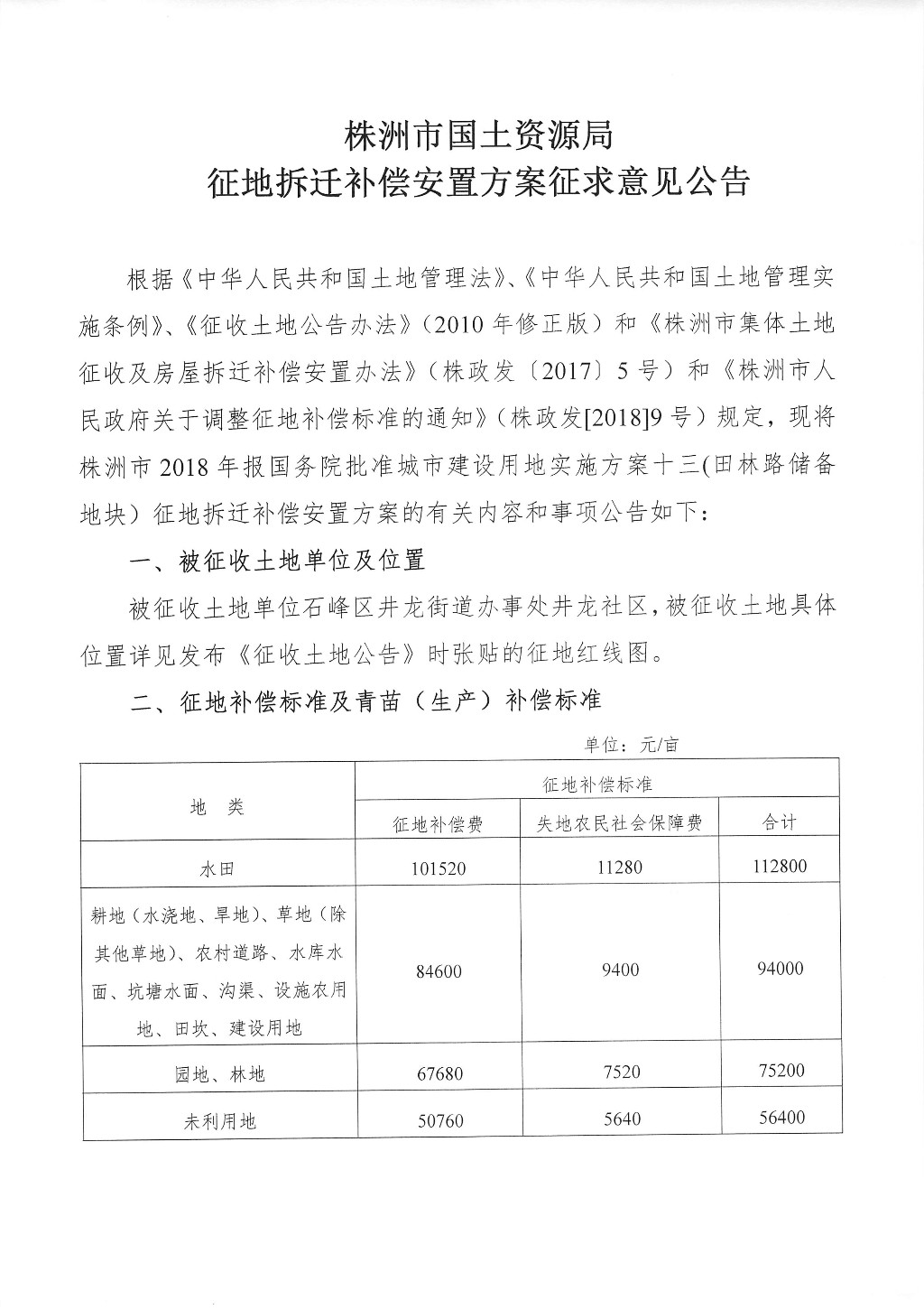 湖南：征地拆迁补偿安置方案征求意见公司--田林路储备地块