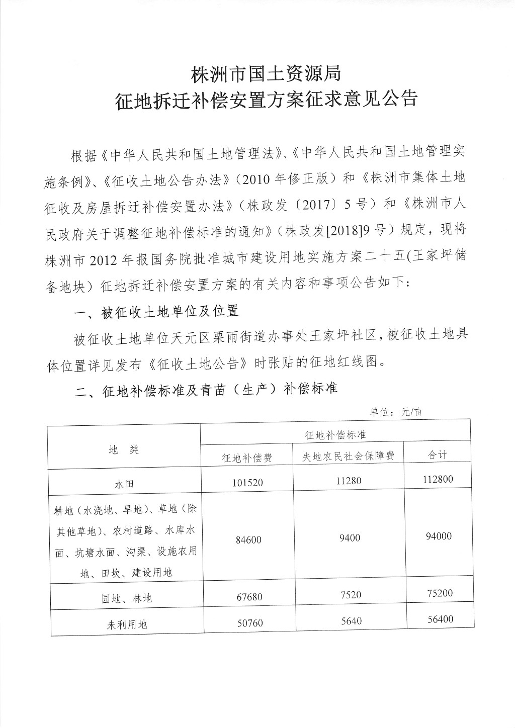 湖南：征地拆迁补偿安置方案征求意见公告--王家坪储备地块