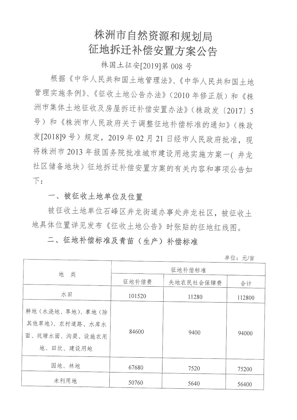 湖南：征地拆迁补偿安置方案公告--井龙社区储备地块