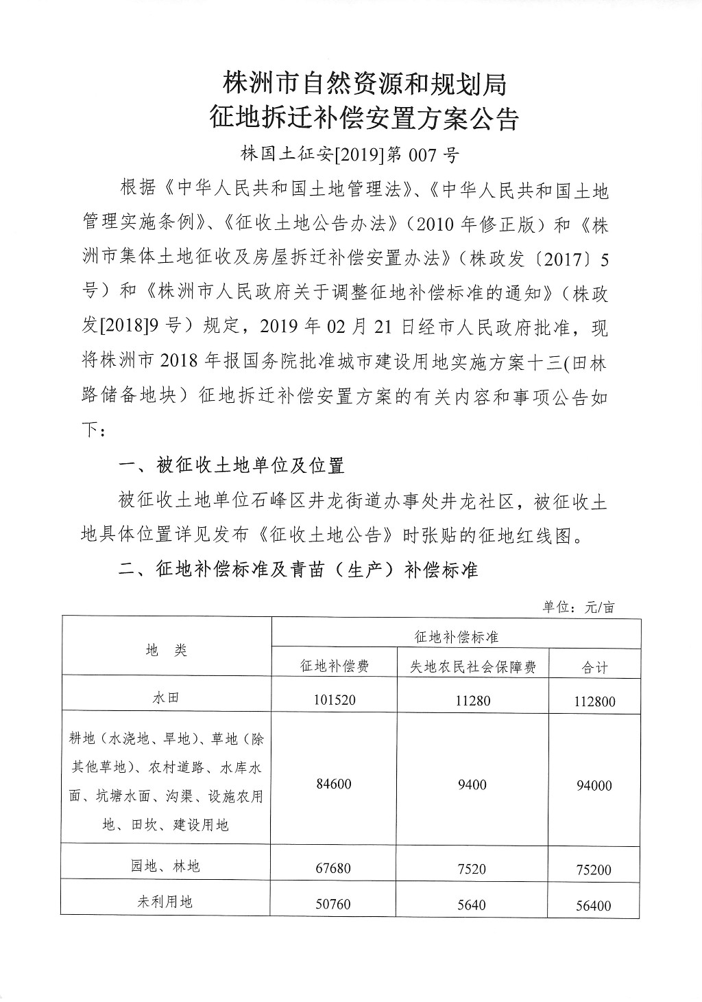 湖南：征地拆迁补偿安置方案公告--田林路储备地块