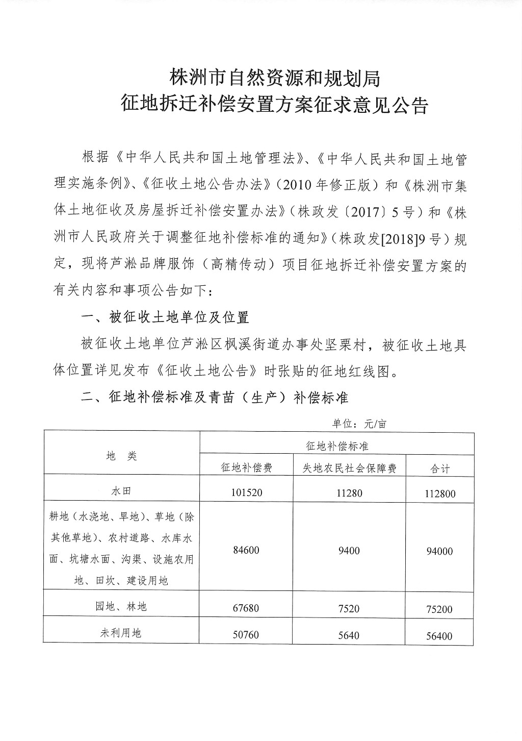 湖南：征地拆迁补偿安置方案征求意见公告--芦淞品牌服饰（高精传动）项目