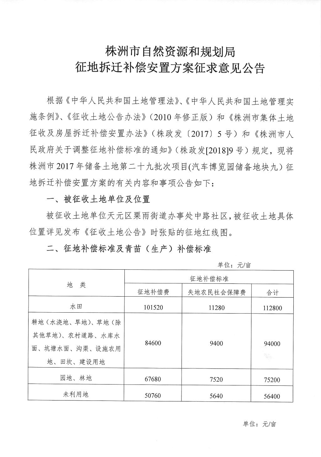 湖南：征地拆迁补偿安置方案征求意见公告--汽车博览园储备地块九