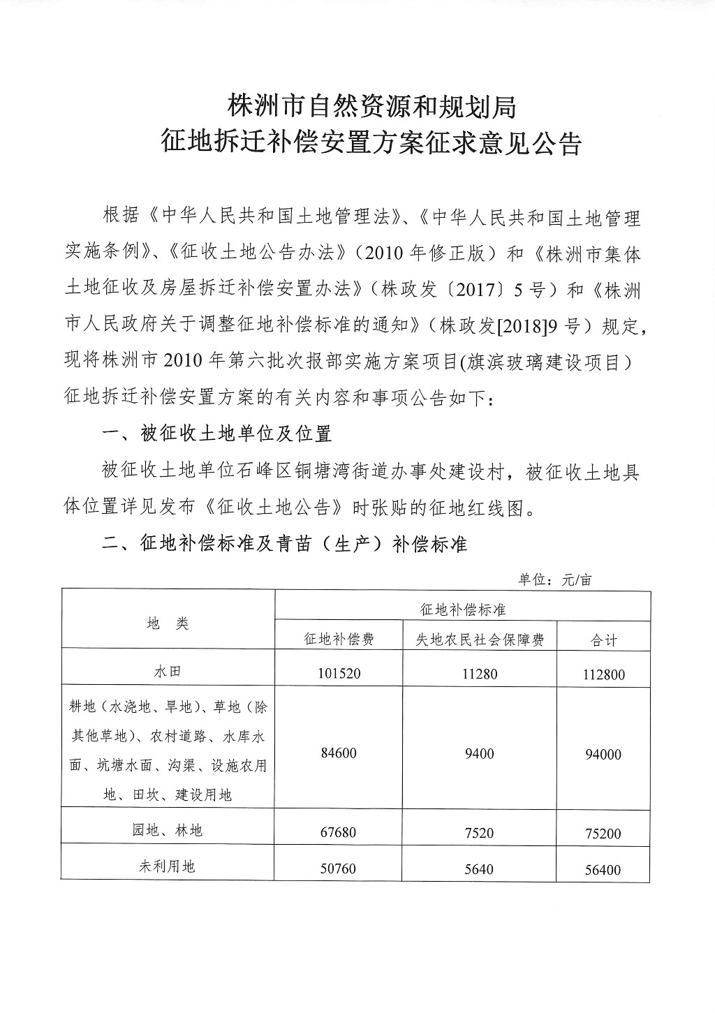 湖南：征地拆迁补偿安置方案征求意见公告--旗滨玻璃建设项目