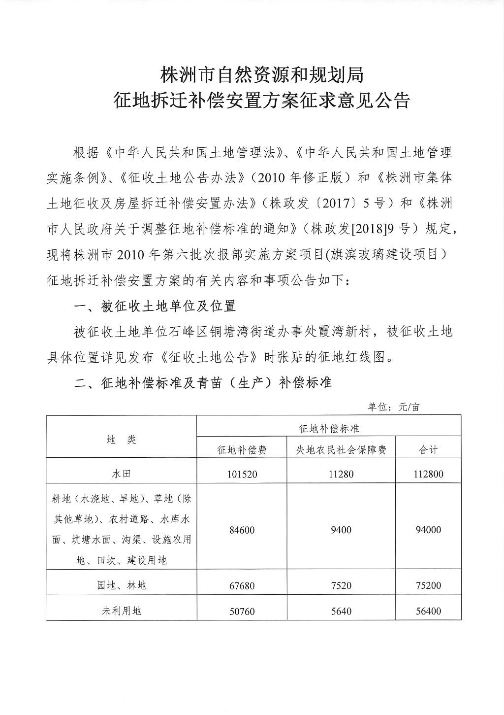 湖南：征地拆迁补偿安置方案征求意见公告--旗滨玻璃建设项目