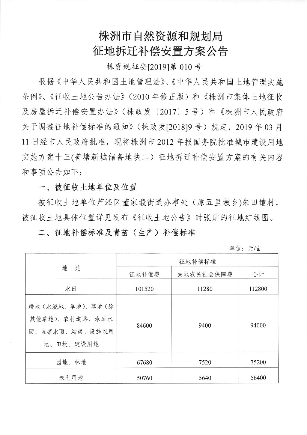 湖南：征地拆迁补偿安置方案公告--荷塘新城储备地块二