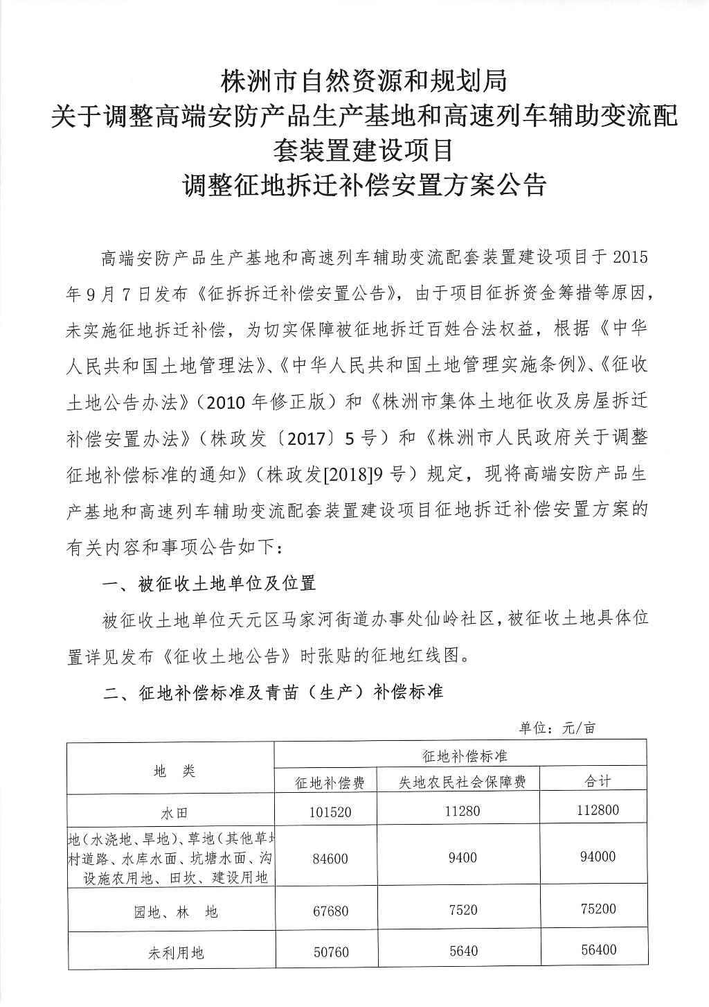 湖南：关于调整高端安防产品生产基地和高速列车辅助变流配套装置建设项目征地拆迁补偿安置方案公告