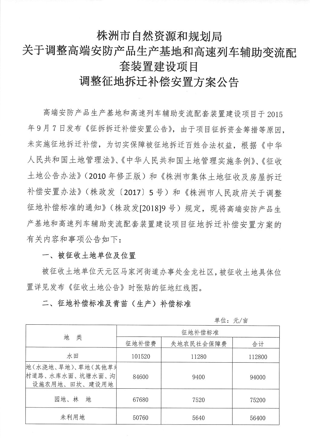 湖南：关于调整高端安防产品生产基地和高速列车辅助变流配套装置建设项目征地拆迁补偿安置方案公告