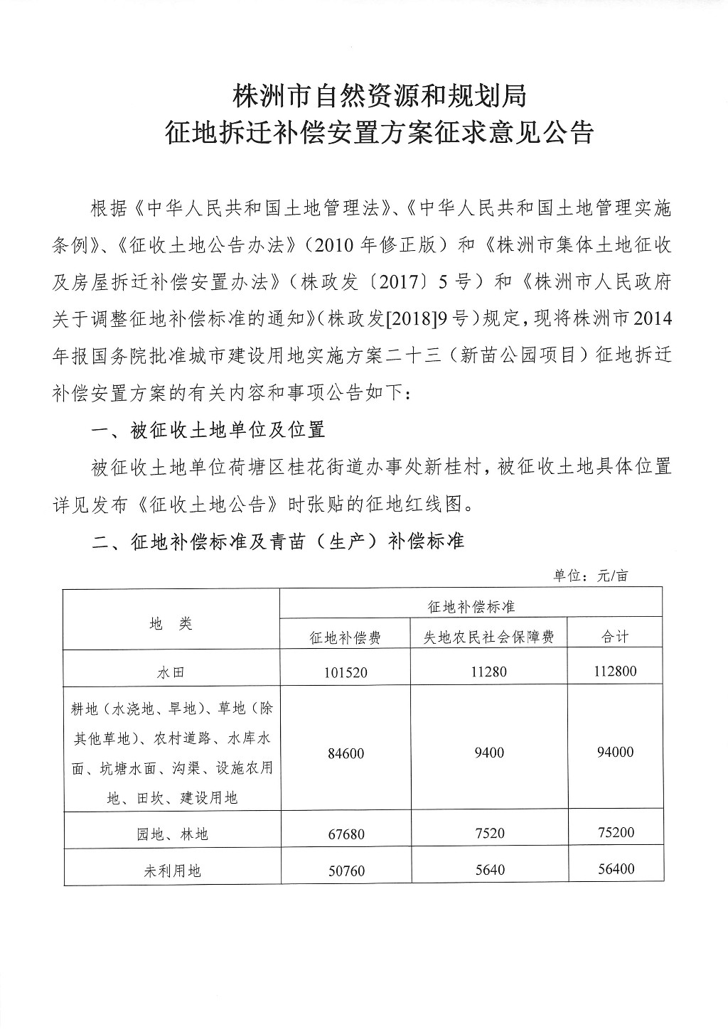 湖南：征地拆迁补偿安置方案征求意见公司--新苗公园
