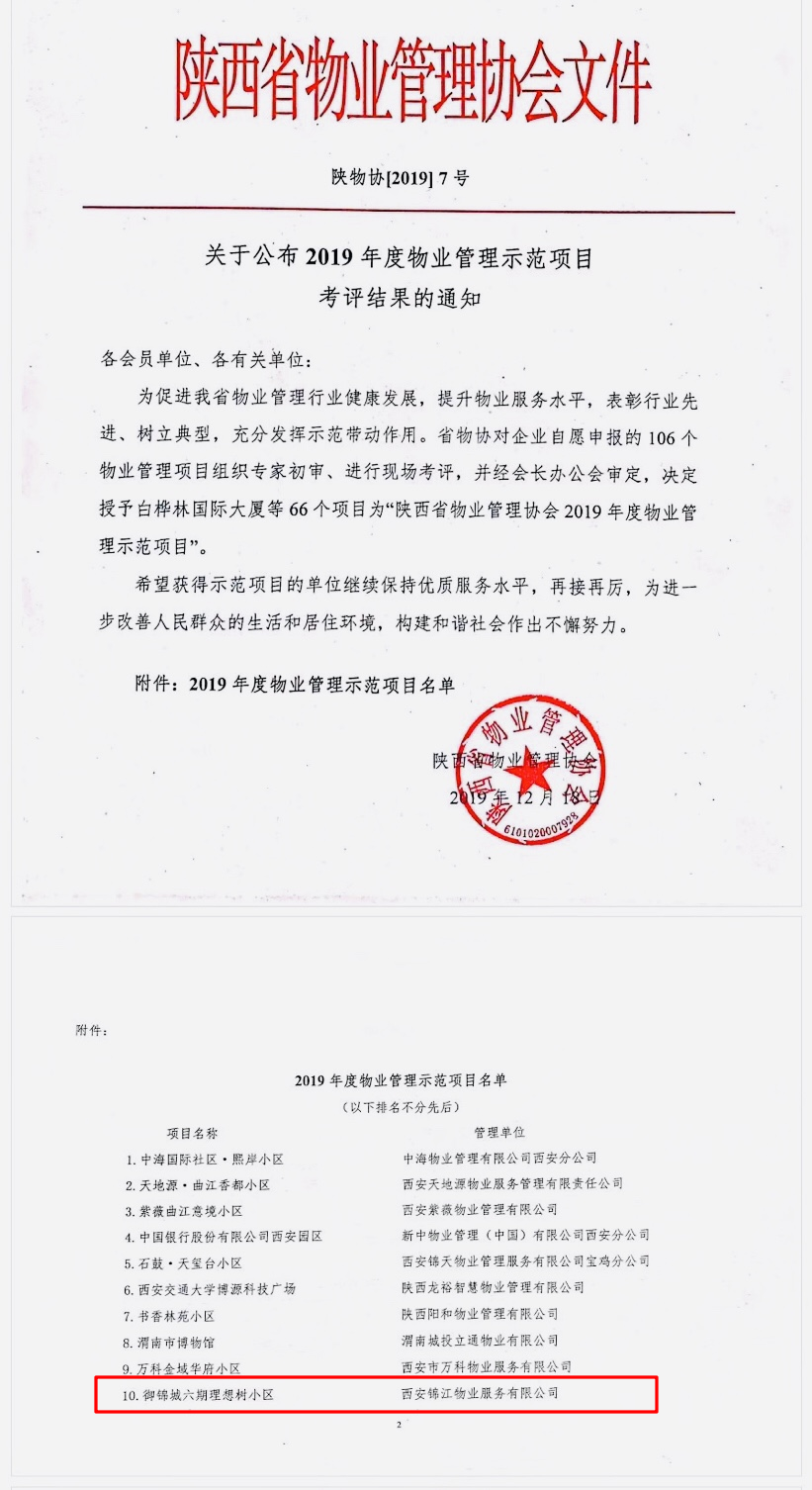喜讯│锦江物业御锦城六期项目获“陕西省2019年度物业管理示范项目”荣誉称号 喜讯│锦江物业御锦城六期项目获“陕西省2019年度物业管理示范项目”荣誉称号