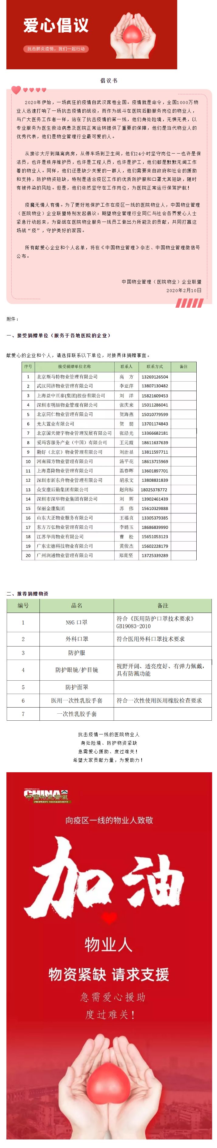 关于发起向医院物业服务一线员工捐赠的倡议书