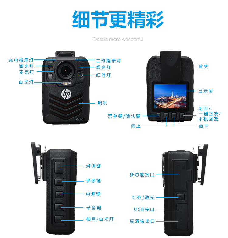 惠普（HP）DSJ-A7执法记录仪1296P高清红外夜视现场记录仪 