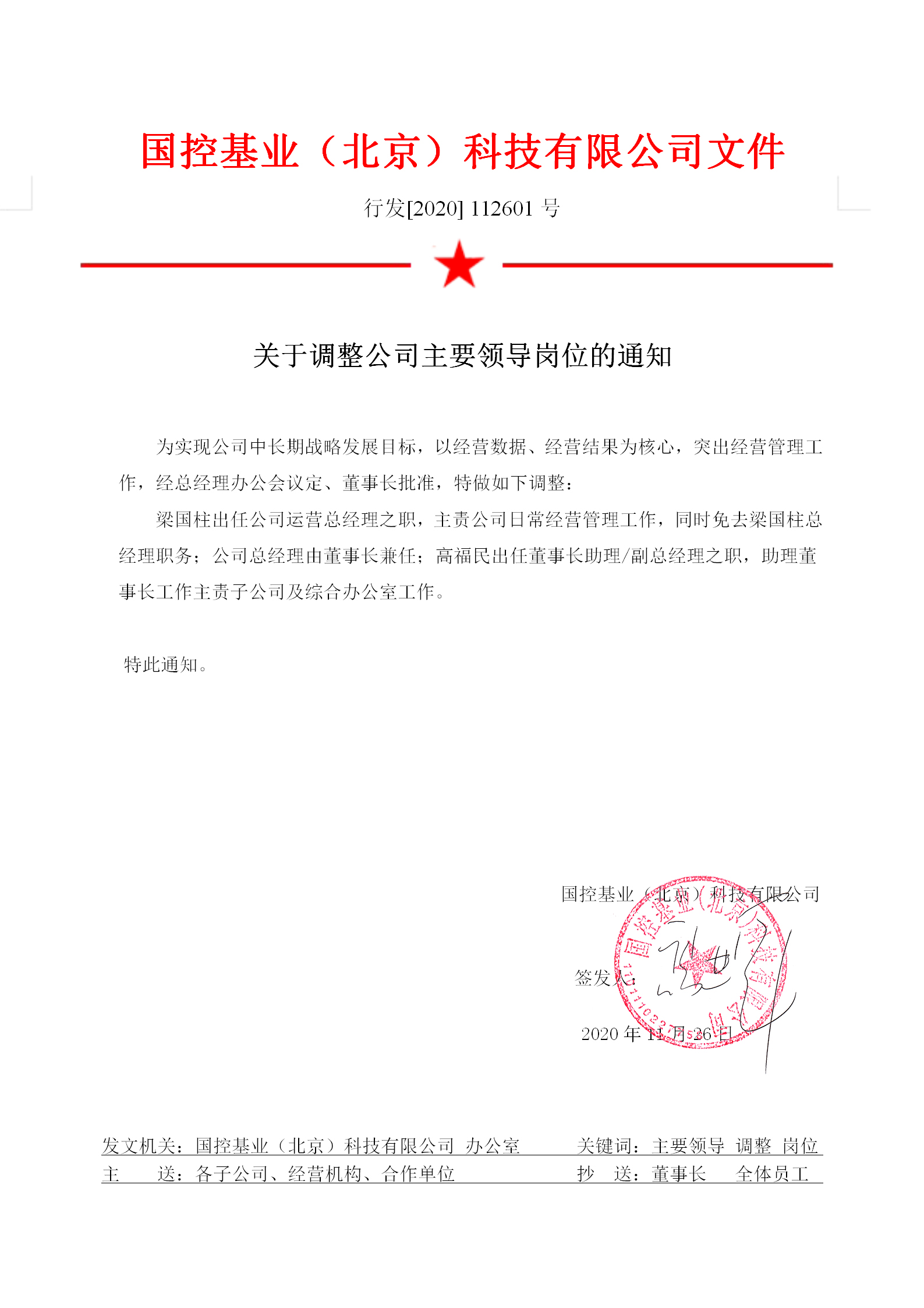 关于调整公司主要领导岗位通知