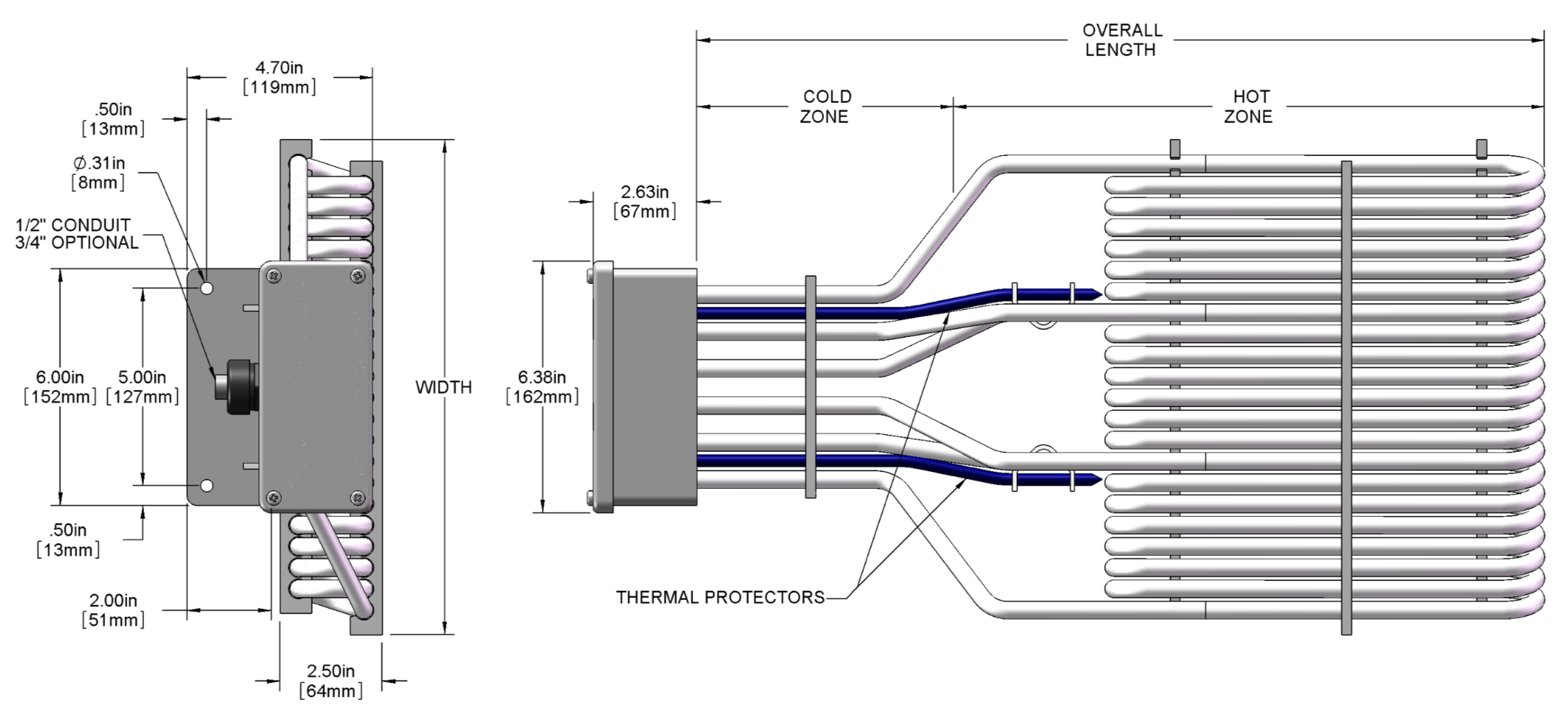 Fluoropolymer PTFE Three Element Over the Side Immersion Heater