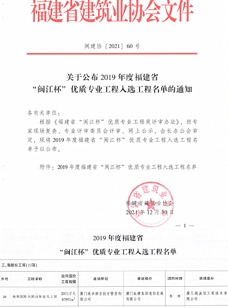 喜讯 | 纵横集团实施的厦门禹洲温德姆至尊豪廷大酒店智能化工程荣获福建省“闽江杯”优质专业工程 喜讯 | 纵横集团实施的厦门禹洲温德姆至尊豪廷大酒店智能化工程荣获福建省“闽江杯”优质专业工程
