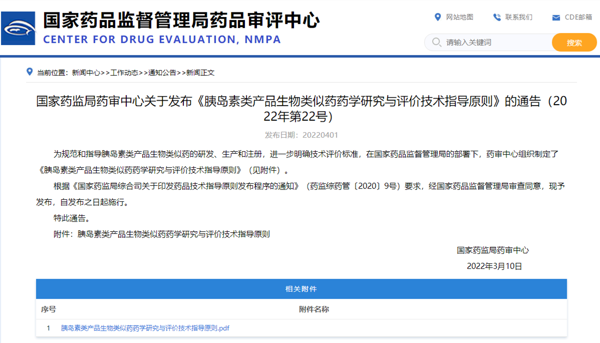 国家药监局药审中心关于发布《胰岛素类产品生物类似药药学研究与评价技术指导原则》的通告（2022年第22号）