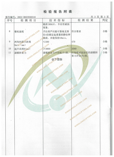 重慶凱榮機械有限責任公司手拉葫蘆檢驗報告
