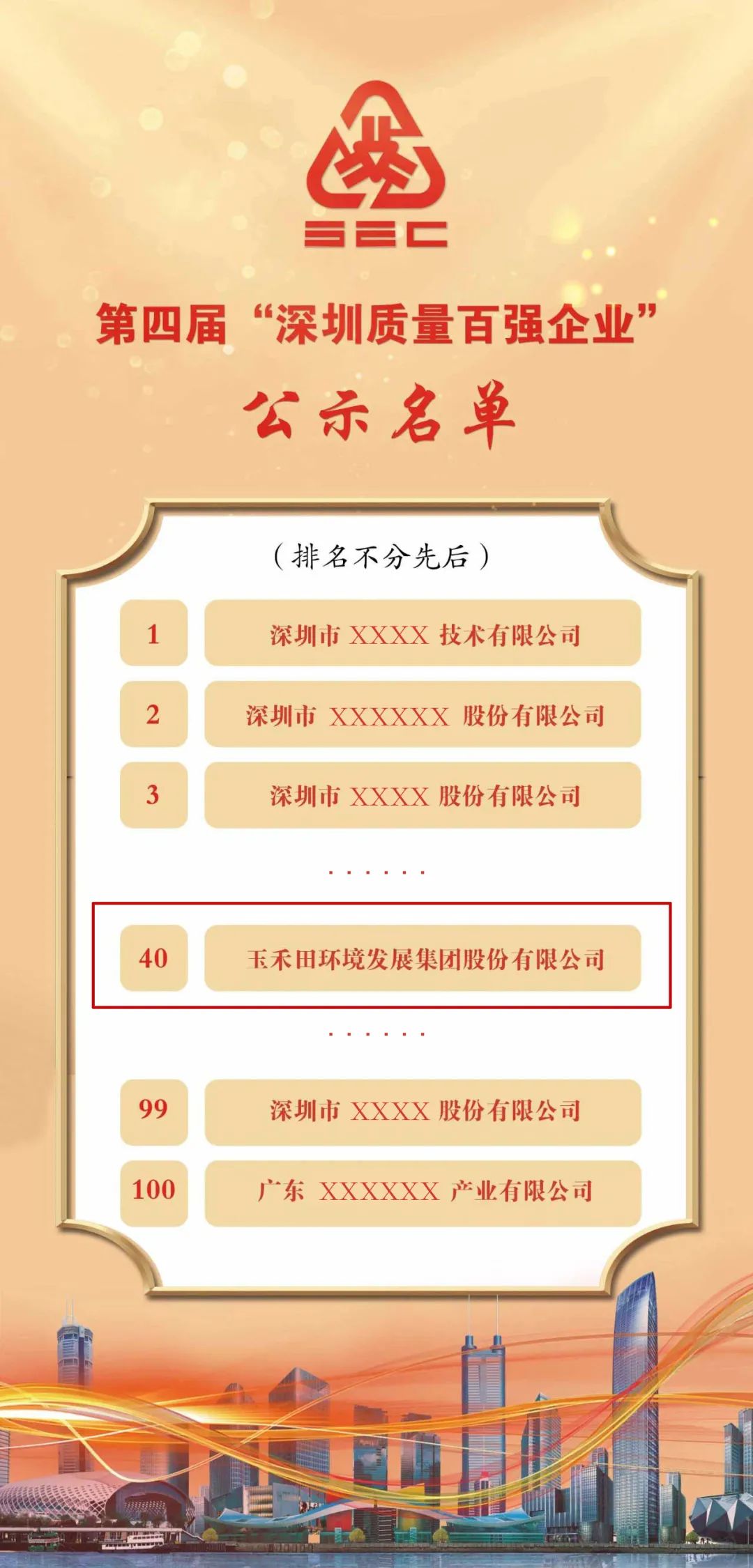 玉禾田荣获第四届“深圳质量百强企业”称号 玉禾田荣获第四届“深圳质量百强企业”称号