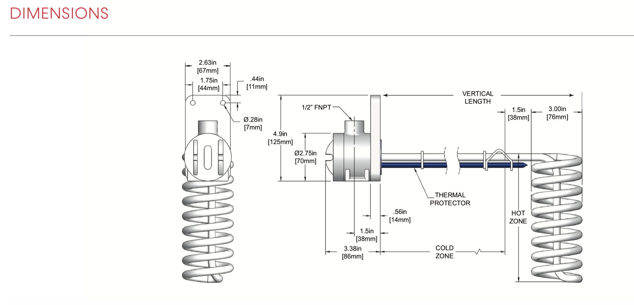 HXL Series, Spiral L-Shaped Fluoropolymer (PTFE) Heaters