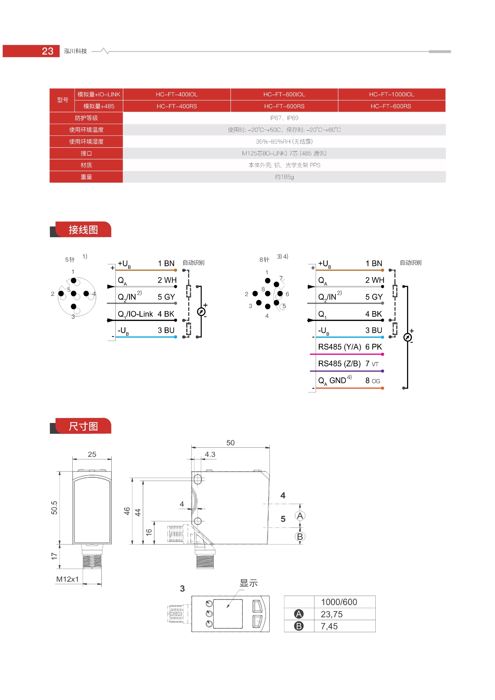 1米量程1毫米精度IP69等级激光测距传感器FT系列