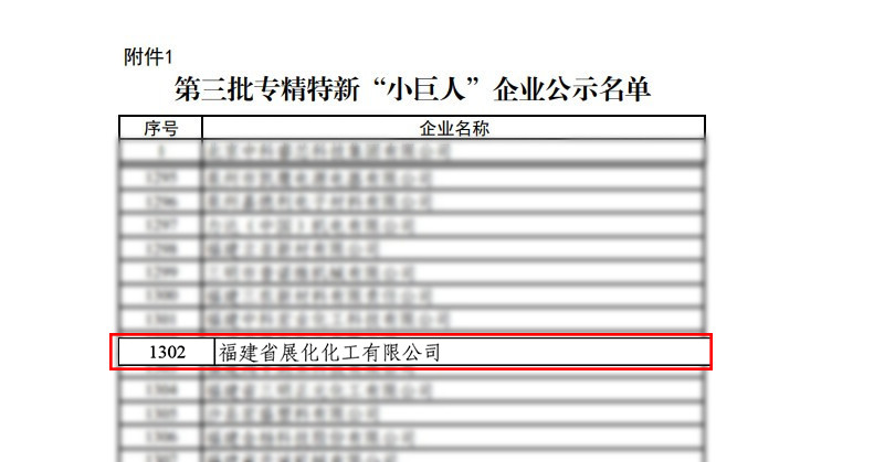 展化化工上榜工信部第三批专精特新“小巨人”企业公示名单