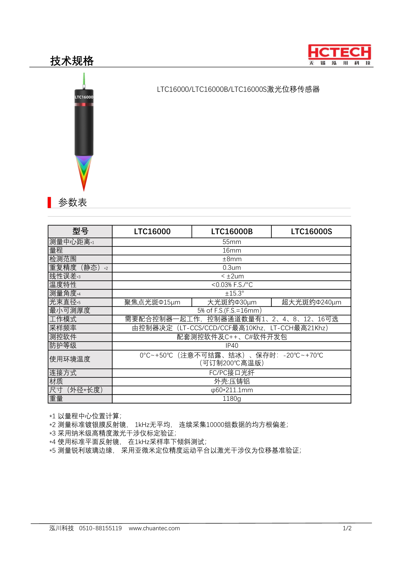 大量程光谱共焦位移探头LTC16000 测量范围55±8mm，线性误差2um