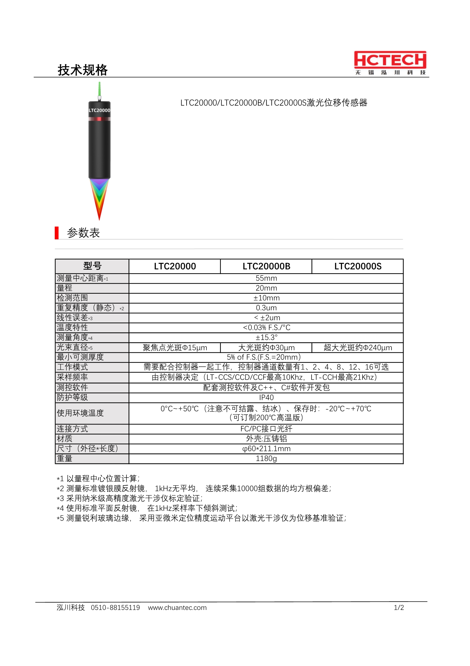 大量程光谱共焦位移探头LTC20000 测量范围55±10mm，线性误差2um