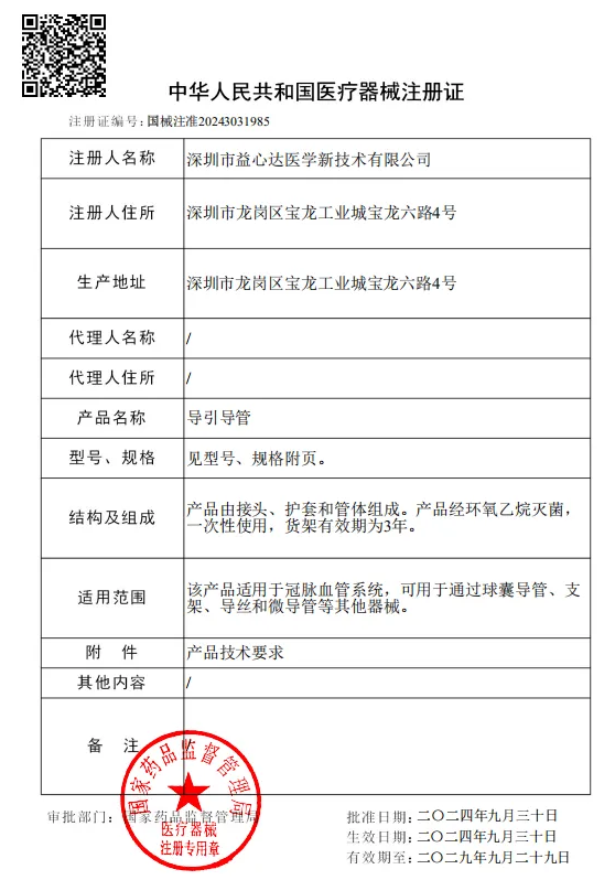 喜获新证！益心达“封堵取石导管”取得产品注册证！