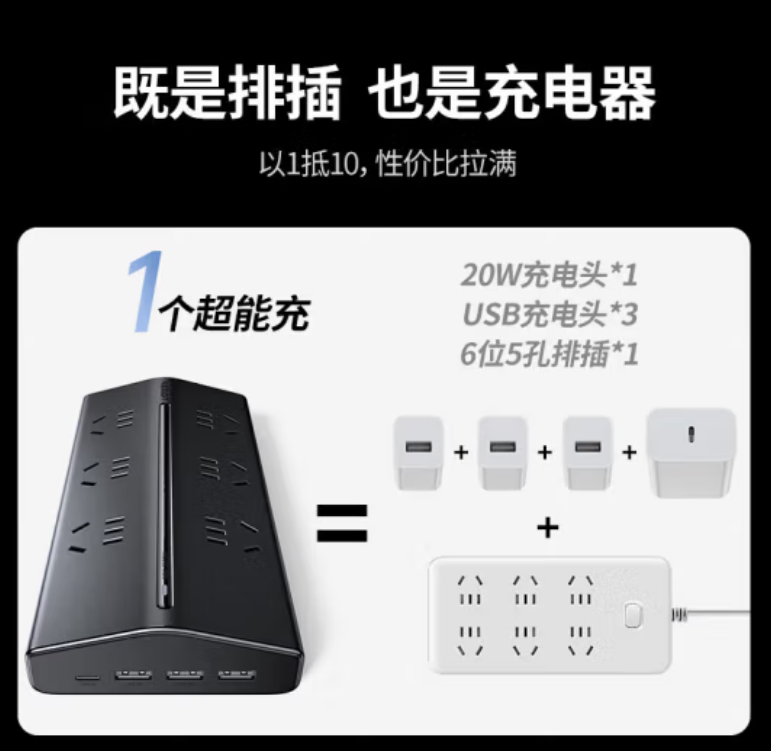 绿联45950-20W 15°斜面6孔+U口 1.5米插排