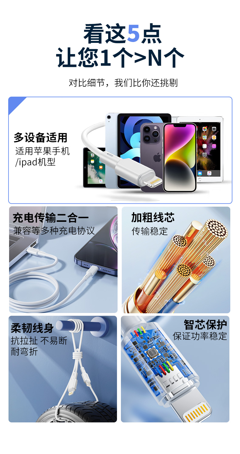 【M271C】晶华TYPE-C转Lighting苹果快充线（1米）